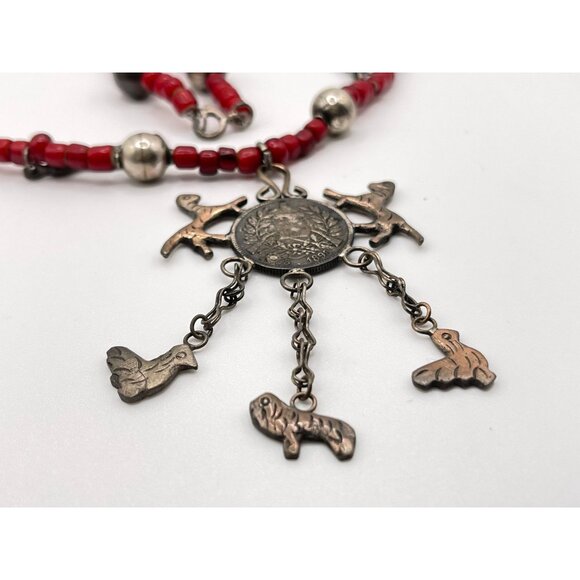 Vtg Colonial Red Glass Beads & Coin 1898 Pendant Necklace Made In Guatemala - Picture 2 of 6